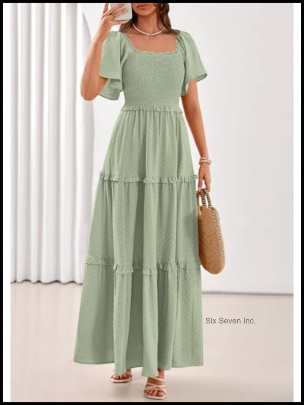 Women's Boho Maxi Dress Swiss Dot Smocked Square Neck Flowy Summer Dress - Picture 2 of 6